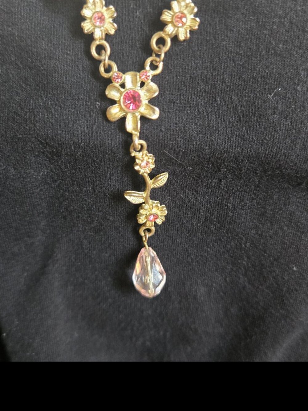 Vintage Antiqued Brass Pink Rhinestone Floral Y Drop Crystal Necklace